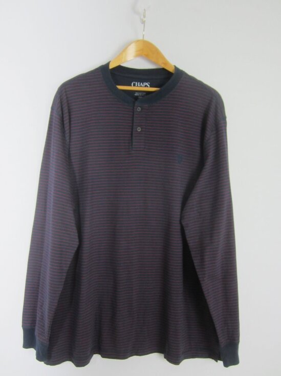 New Chaps Mens 2XB Navy Blue Red Striped Cotton Knit Henley LS Shirt Nautical - Picture 1 of 8